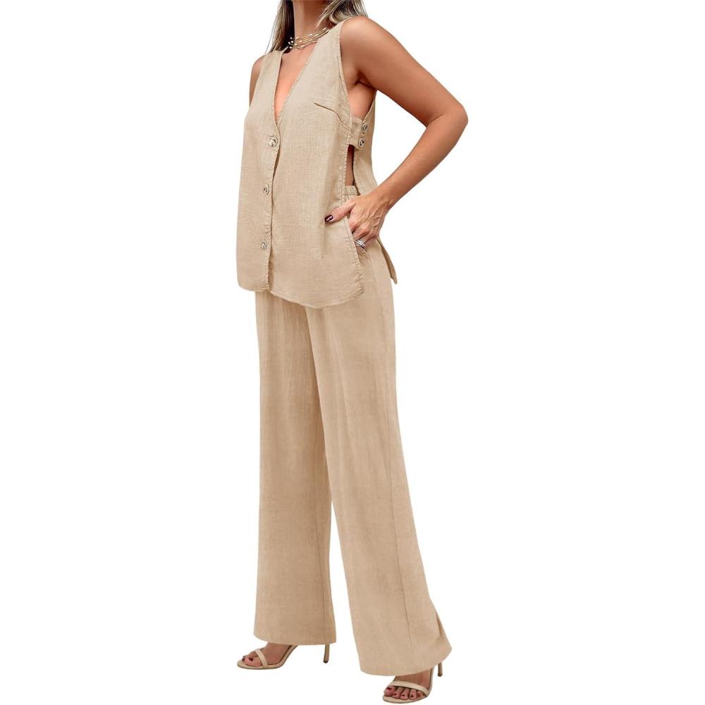 imageTankaneo Womens 2 Piece Linen Sets Summer Outfits Sleeveless V Neck Botton Down Tank Tops and Pants Matching SetKhaki