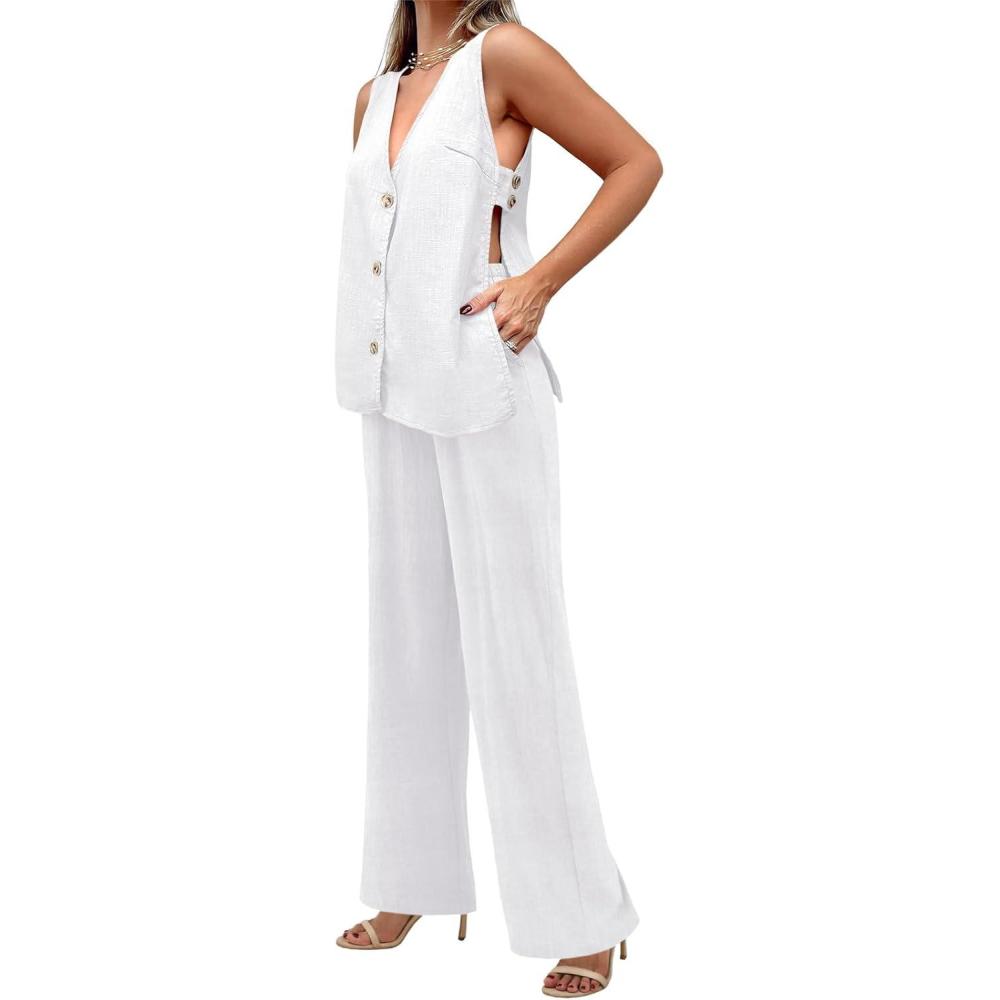 imageTankaneo Womens 2 Piece Linen Sets Summer Outfits Sleeveless V Neck Botton Down Tank Tops and Pants Matching SetWhite