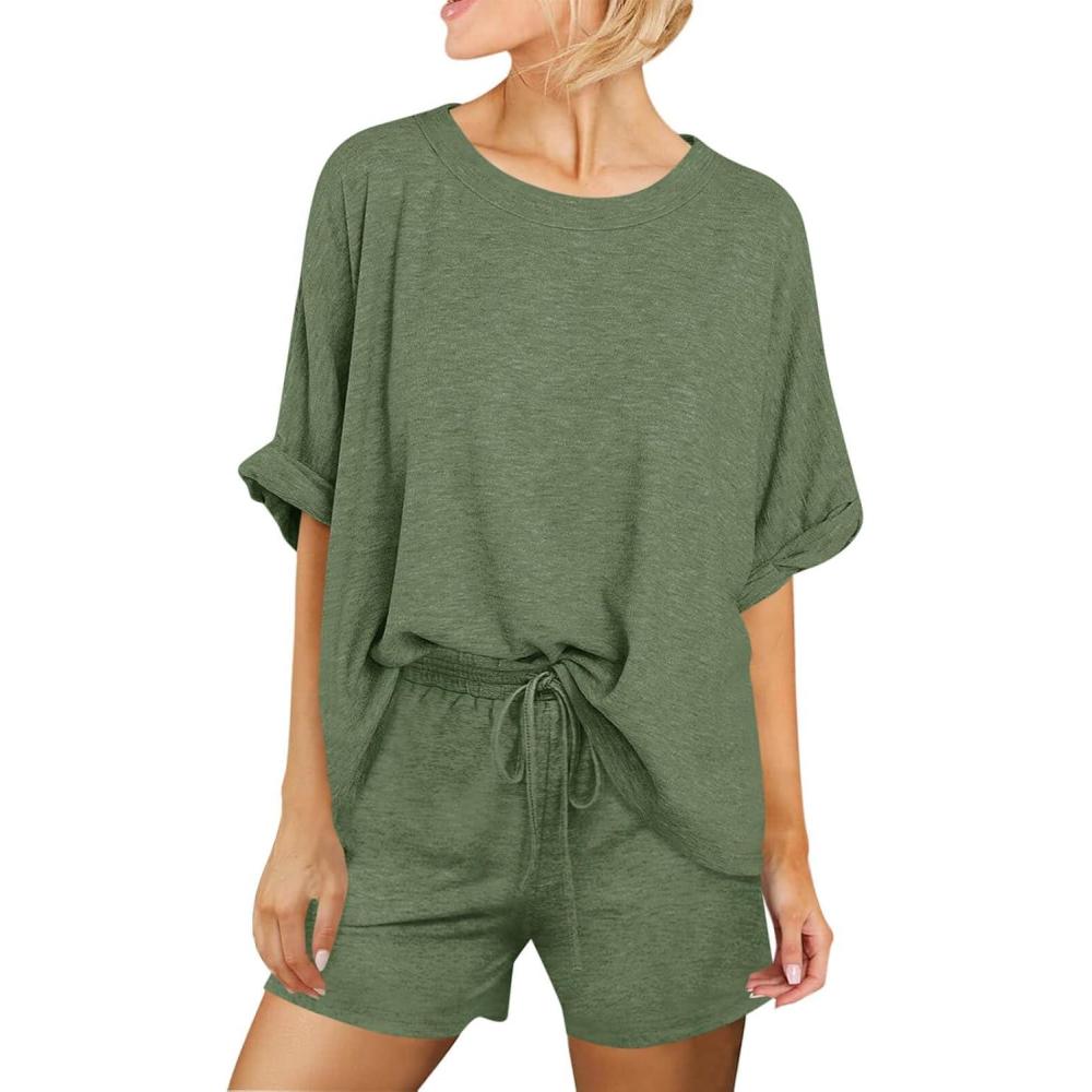 imageTankaneo Womens 2 Piece Lounge Sets Oversized Short Sleeve Tshirts Drawstring Shorts Pajamas Summer OutfitsArmy Green