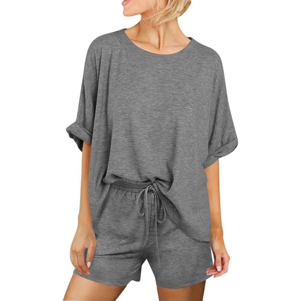 imageTankaneo Womens 2 Piece Lounge Sets Oversized Short Sleeve Tshirts Drawstring Shorts Pajamas Summer OutfitsDark Grey