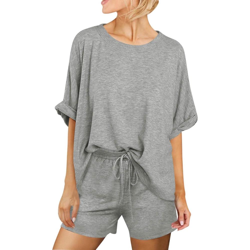 imageTankaneo Womens 2 Piece Lounge Sets Oversized Short Sleeve Tshirts Drawstring Shorts Pajamas Summer OutfitsGrey