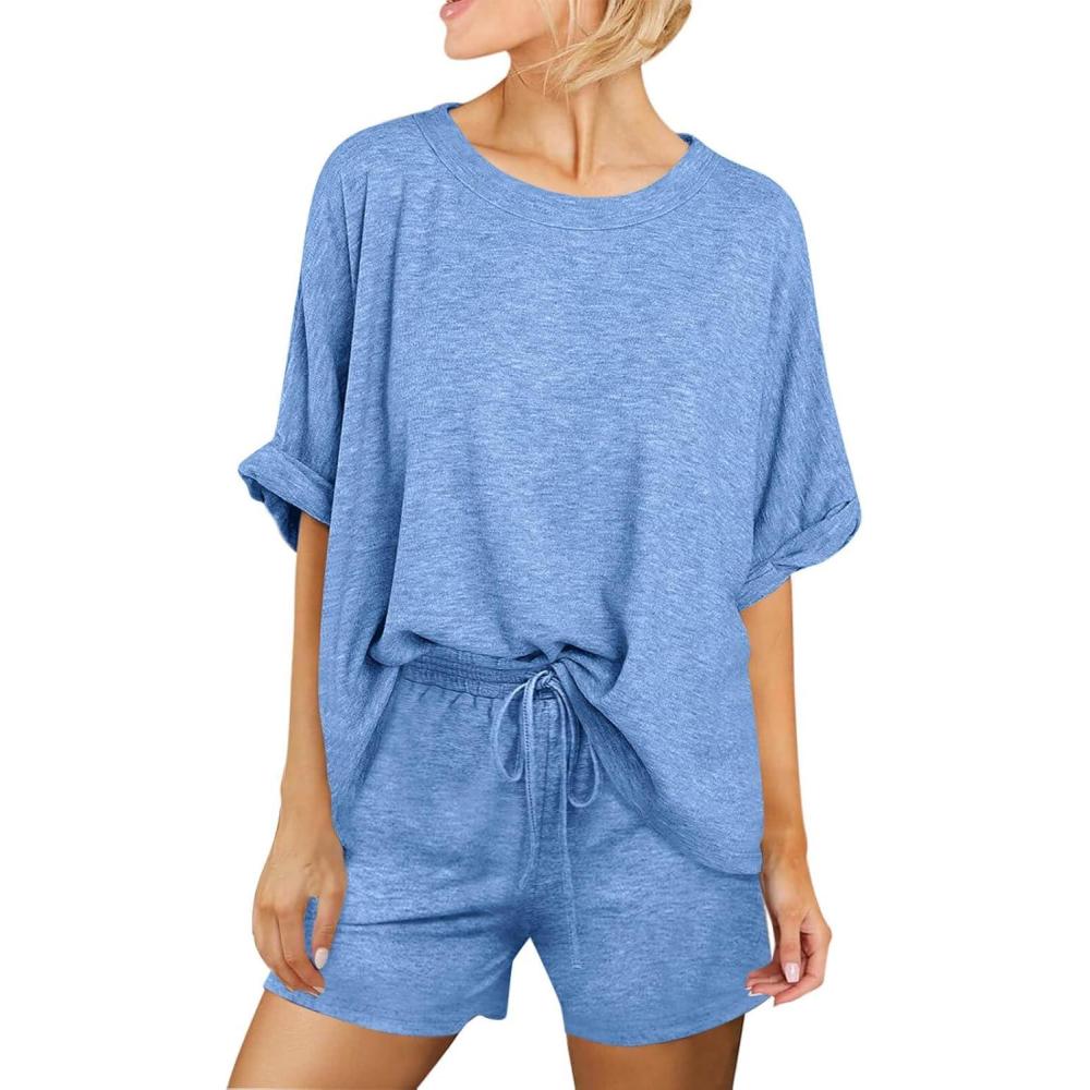 imageTankaneo Womens 2 Piece Lounge Sets Oversized Short Sleeve Tshirts Drawstring Shorts Pajamas Summer OutfitsLake Blue
