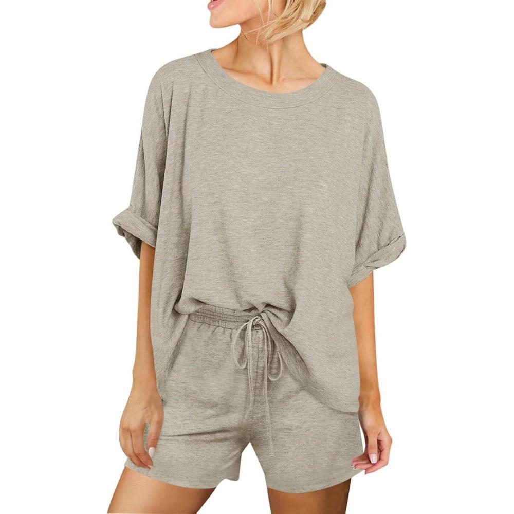 imageTankaneo Womens 2 Piece Lounge Sets Oversized Short Sleeve Tshirts Drawstring Shorts Pajamas Summer OutfitsLight Brown