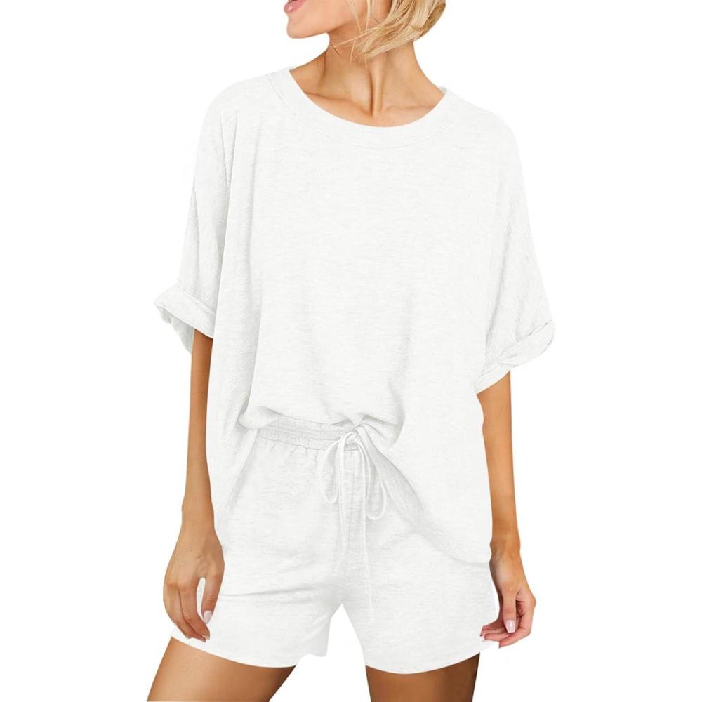 imageTankaneo Womens 2 Piece Lounge Sets Oversized Short Sleeve Tshirts Drawstring Shorts Pajamas Summer OutfitsWhite