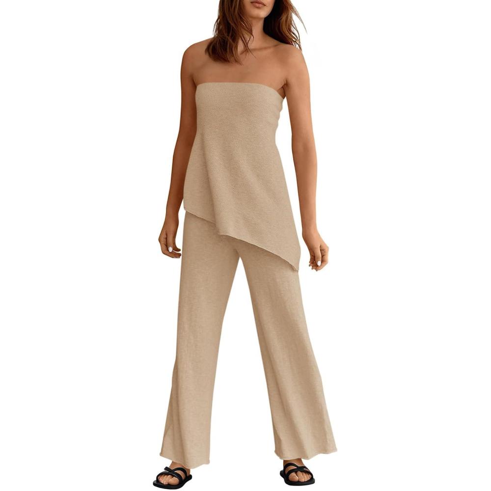 imageTankaneo Womens 2 Piece Outfits Asymmetrical Tube Top Wide Leg Pants Knit Vacation Travel 2025 Matching Lounge SetsApricot