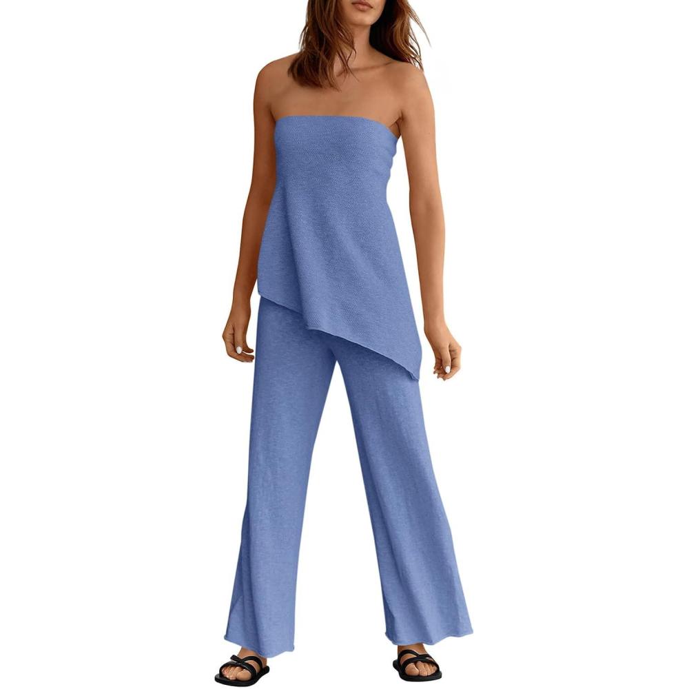 imageTankaneo Womens 2 Piece Outfits Asymmetrical Tube Top Wide Leg Pants Knit Vacation Travel 2025 Matching Lounge SetsBlue