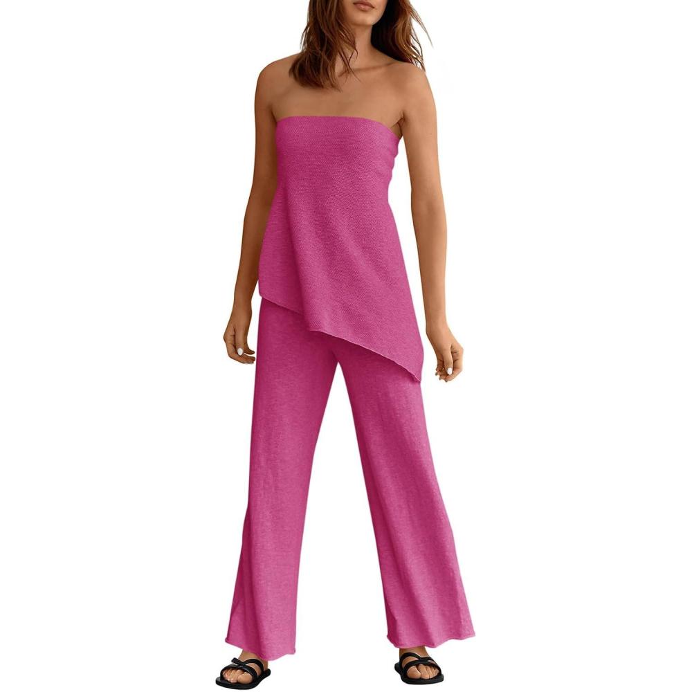imageTankaneo Womens 2 Piece Outfits Asymmetrical Tube Top Wide Leg Pants Knit Vacation Travel 2025 Matching Lounge SetsHot Pink