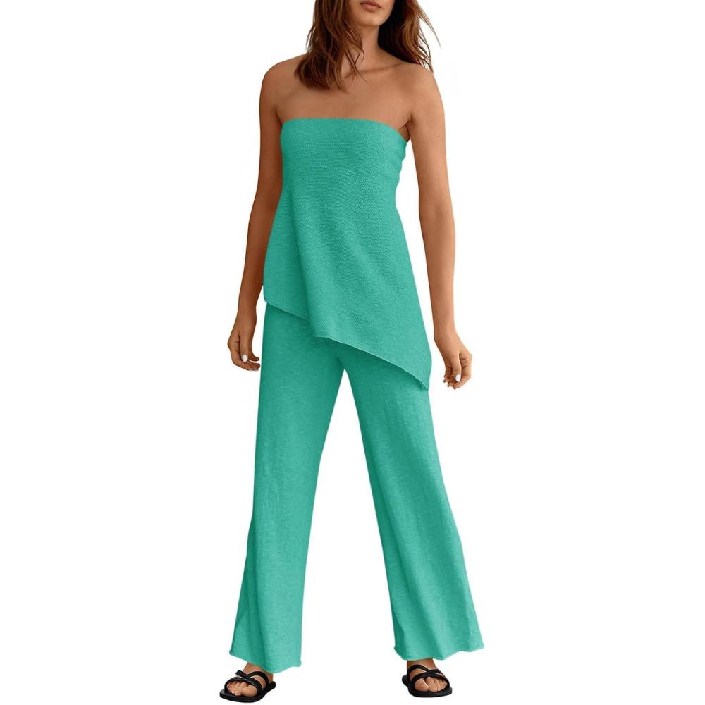 imageTankaneo Womens 2 Piece Outfits Asymmetrical Tube Top Wide Leg Pants Knit Vacation Travel 2025 Matching Lounge SetsLight Green