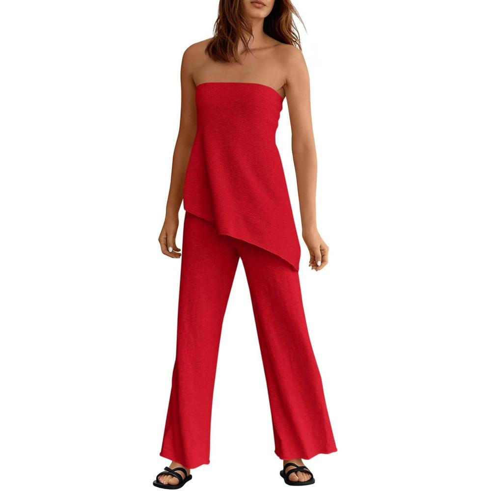 imageTankaneo Womens 2 Piece Outfits Asymmetrical Tube Top Wide Leg Pants Knit Vacation Travel 2025 Matching Lounge SetsRed