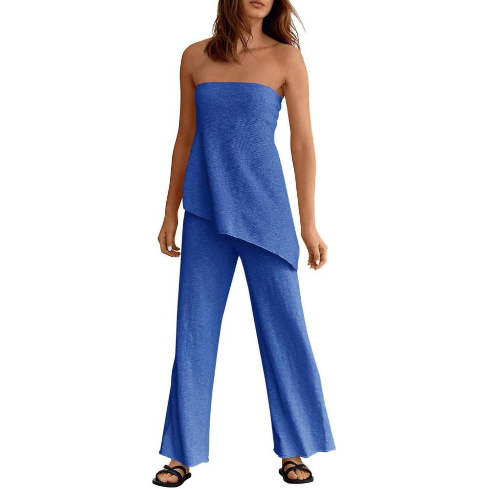 imageTankaneo Womens 2 Piece Outfits Asymmetrical Tube Top Wide Leg Pants Knit Vacation Travel 2025 Matching Lounge SetsRoyal Blue