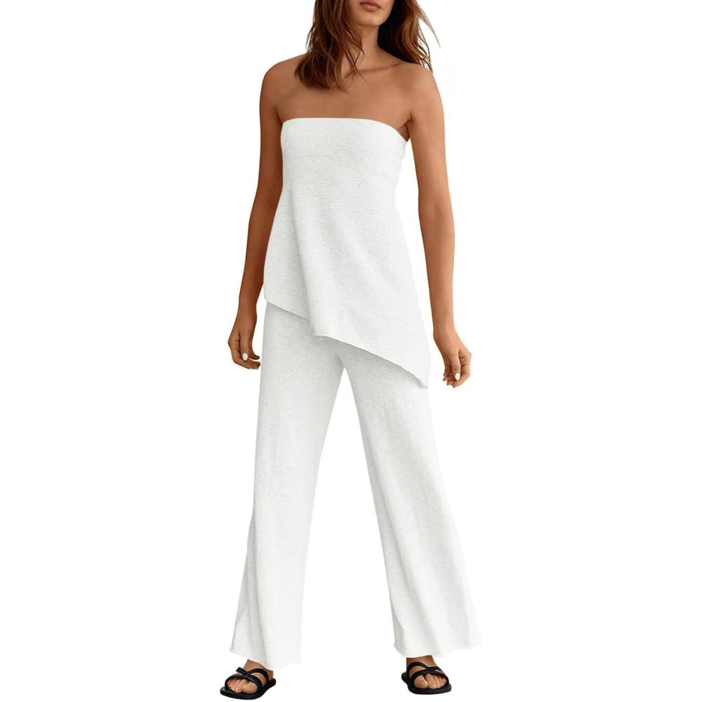 imageTankaneo Womens 2 Piece Outfits Asymmetrical Tube Top Wide Leg Pants Knit Vacation Travel 2025 Matching Lounge SetsWhite