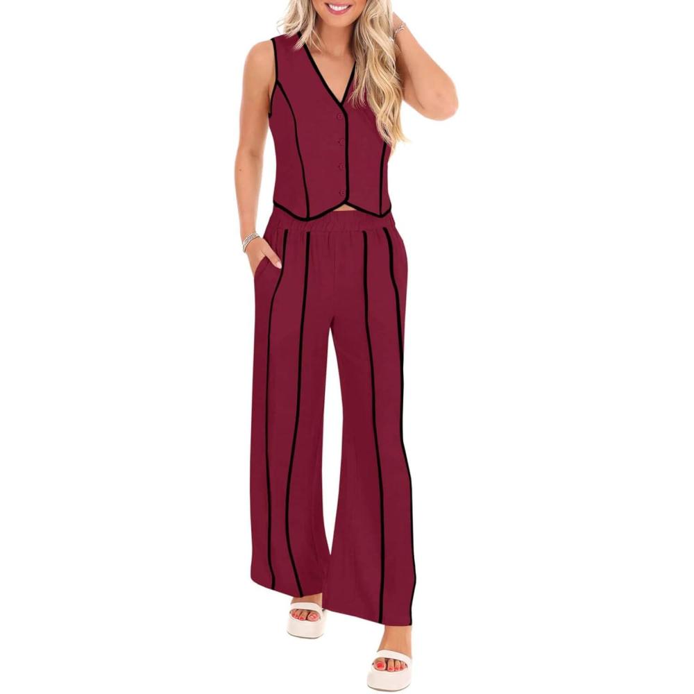imageTankaneo Womens 2 Piece Outfits Linen Sets Sleeveless Button Vest Wide Leg Pants Matching Lounge SetBurgundy