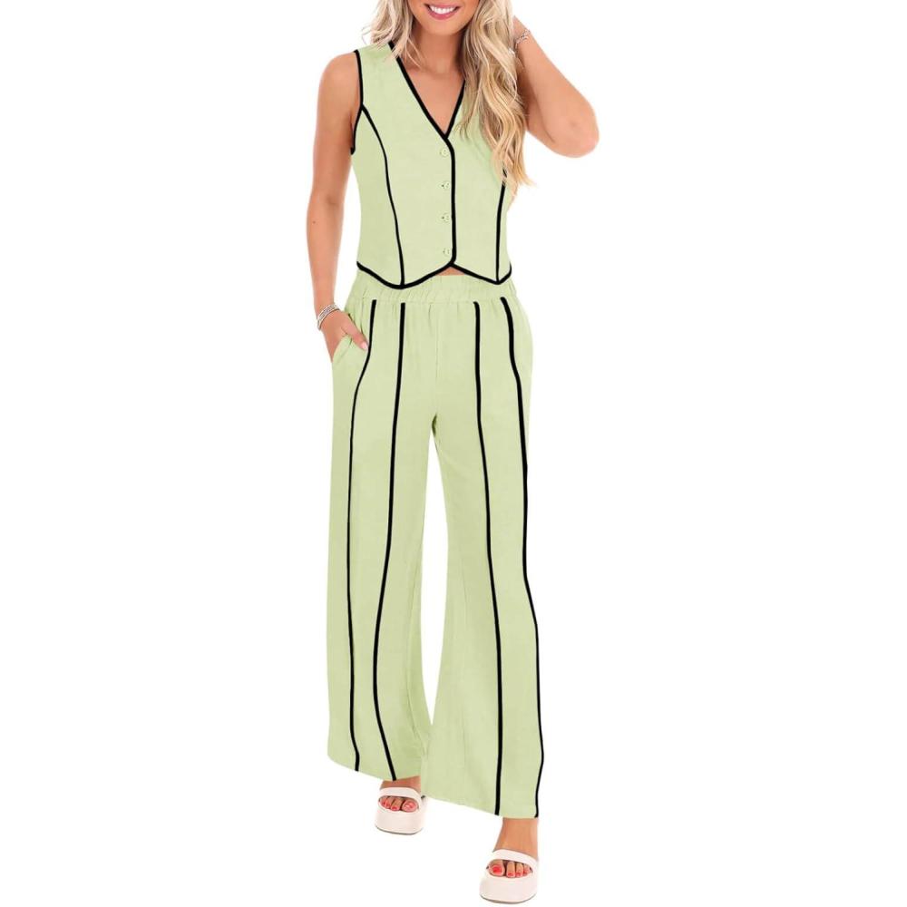 imageTankaneo Womens 2 Piece Outfits Linen Sets Sleeveless Button Vest Wide Leg Pants Matching Lounge SetFluorescent Green