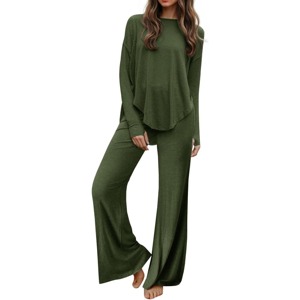 imageTankaneo Womens 2 Piece Outfits Lounge Sets Casual Batwing Long Sleeve Crewneck Tunic Wide Legs Pants SetArmy Green