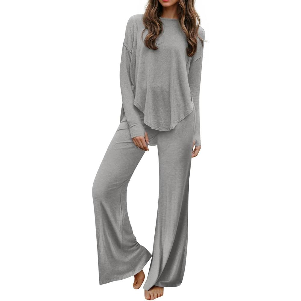imageTankaneo Womens 2 Piece Outfits Lounge Sets Casual Batwing Long Sleeve Crewneck Tunic Wide Legs Pants SetGray
