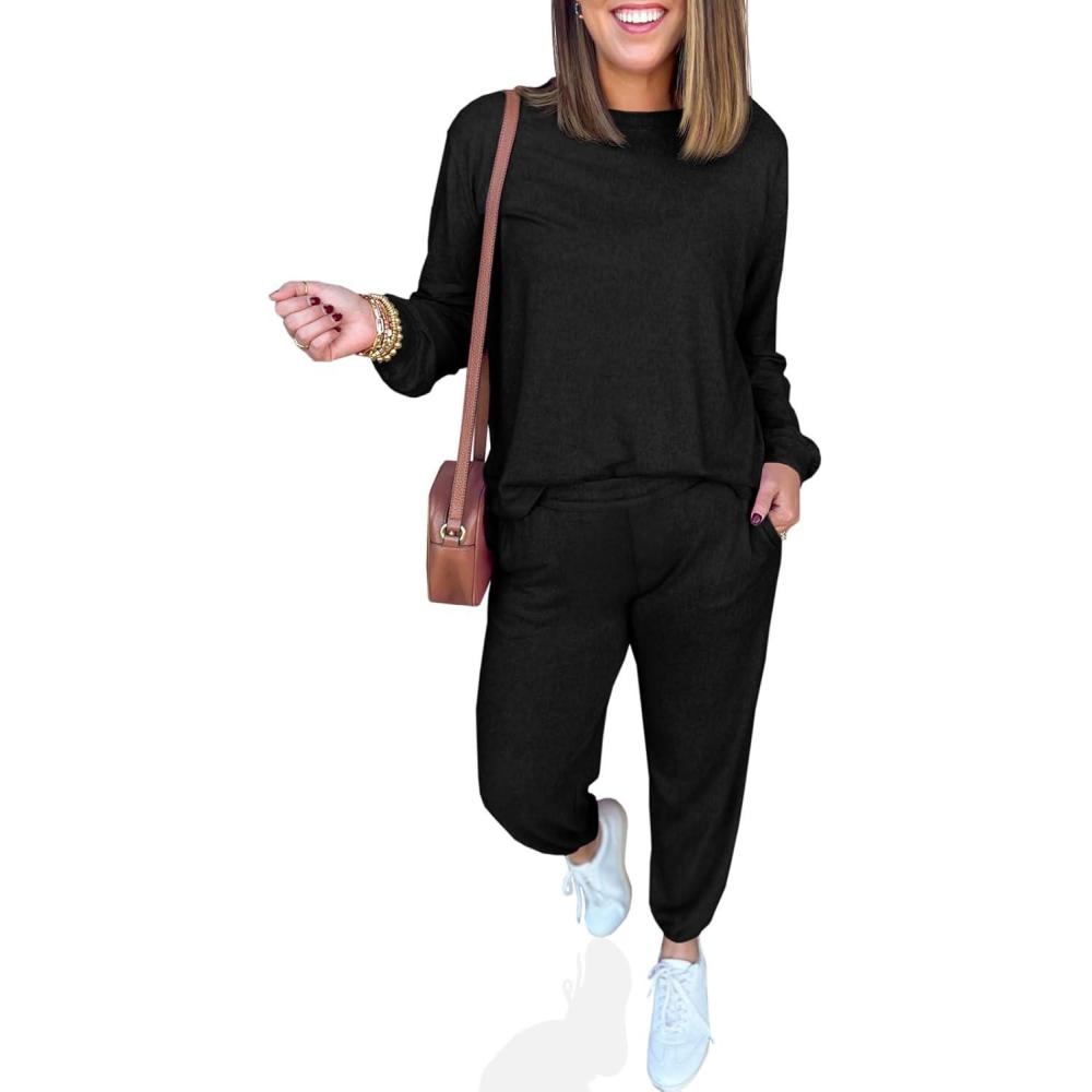 imageTankaneo Womens 2 Piece Outfits Lounge Sets Casual Long Sleeve Crewneck Pullover Sweatshirt Jogger Sweatpants Tracksuit SetBlack