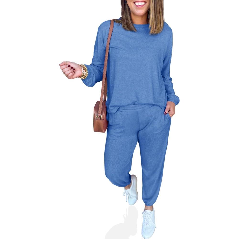 imageTankaneo Womens 2 Piece Outfits Lounge Sets Casual Long Sleeve Crewneck Pullover Sweatshirt Jogger Sweatpants Tracksuit SetBlue