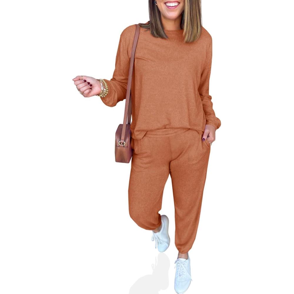imageTankaneo Womens 2 Piece Outfits Lounge Sets Casual Long Sleeve Crewneck Pullover Sweatshirt Jogger Sweatpants Tracksuit SetBrown