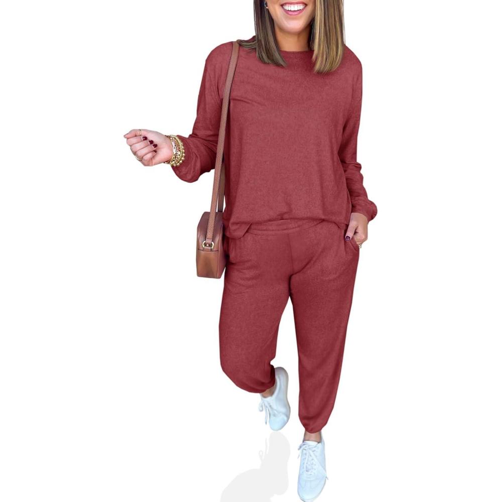 imageTankaneo Womens 2 Piece Outfits Lounge Sets Casual Long Sleeve Crewneck Pullover Sweatshirt Jogger Sweatpants Tracksuit SetBurgundy