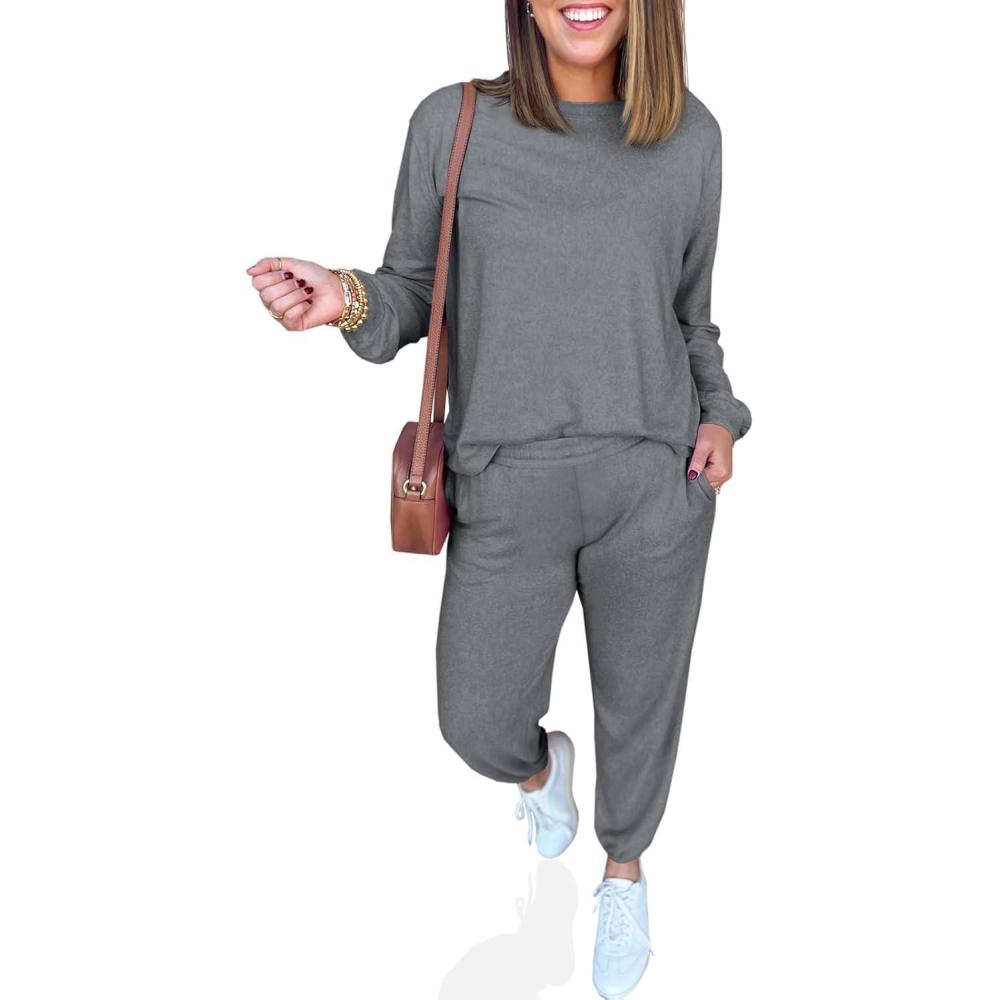 imageTankaneo Womens 2 Piece Outfits Lounge Sets Casual Long Sleeve Crewneck Pullover Sweatshirt Jogger Sweatpants Tracksuit SetGrey