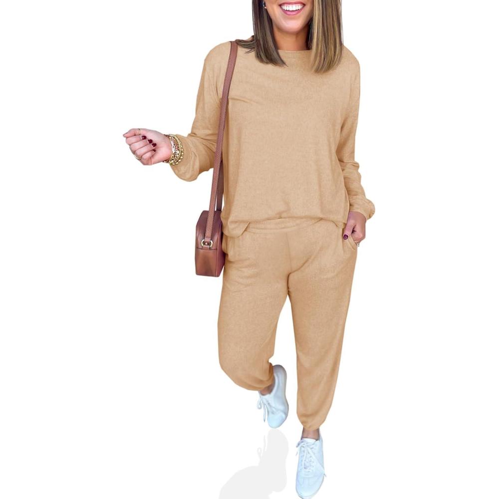 imageTankaneo Womens 2 Piece Outfits Lounge Sets Casual Long Sleeve Crewneck Pullover Sweatshirt Jogger Sweatpants Tracksuit SetKhaki