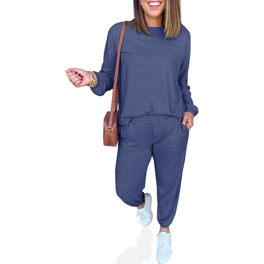 imageTankaneo Womens 2 Piece Outfits Lounge Sets Casual Long Sleeve Crewneck Pullover Sweatshirt Jogger Sweatpants Tracksuit SetNavy