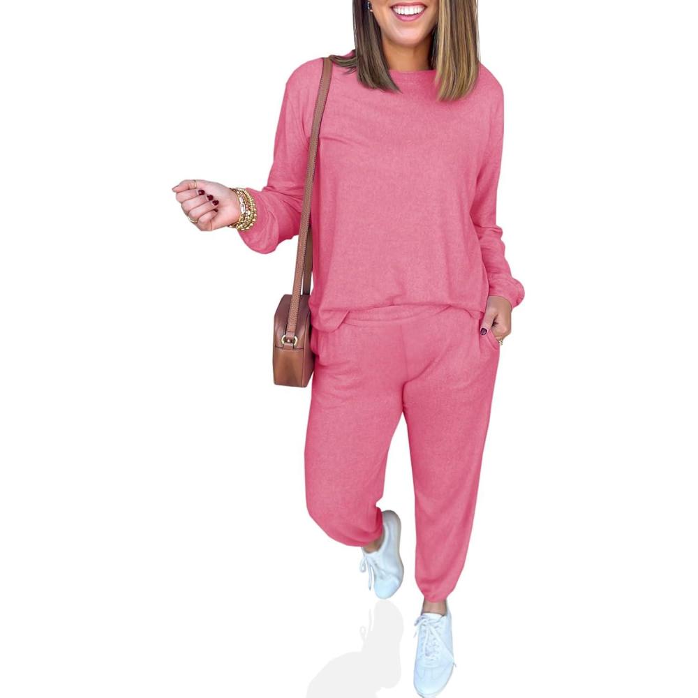 imageTankaneo Womens 2 Piece Outfits Lounge Sets Casual Long Sleeve Crewneck Pullover Sweatshirt Jogger Sweatpants Tracksuit SetPink
