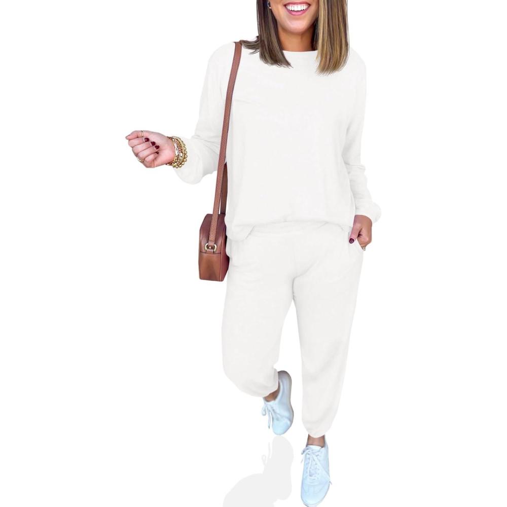 imageTankaneo Womens 2 Piece Outfits Lounge Sets Casual Long Sleeve Crewneck Pullover Sweatshirt Jogger Sweatpants Tracksuit SetWhite