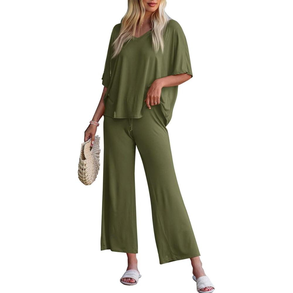 imageTankaneo Womens 2 Piece Outfits Lounge Sets Oversized Short Sleeve V Neck Tshirts Wide Leg Cropped Pants Matching SetArmygreen