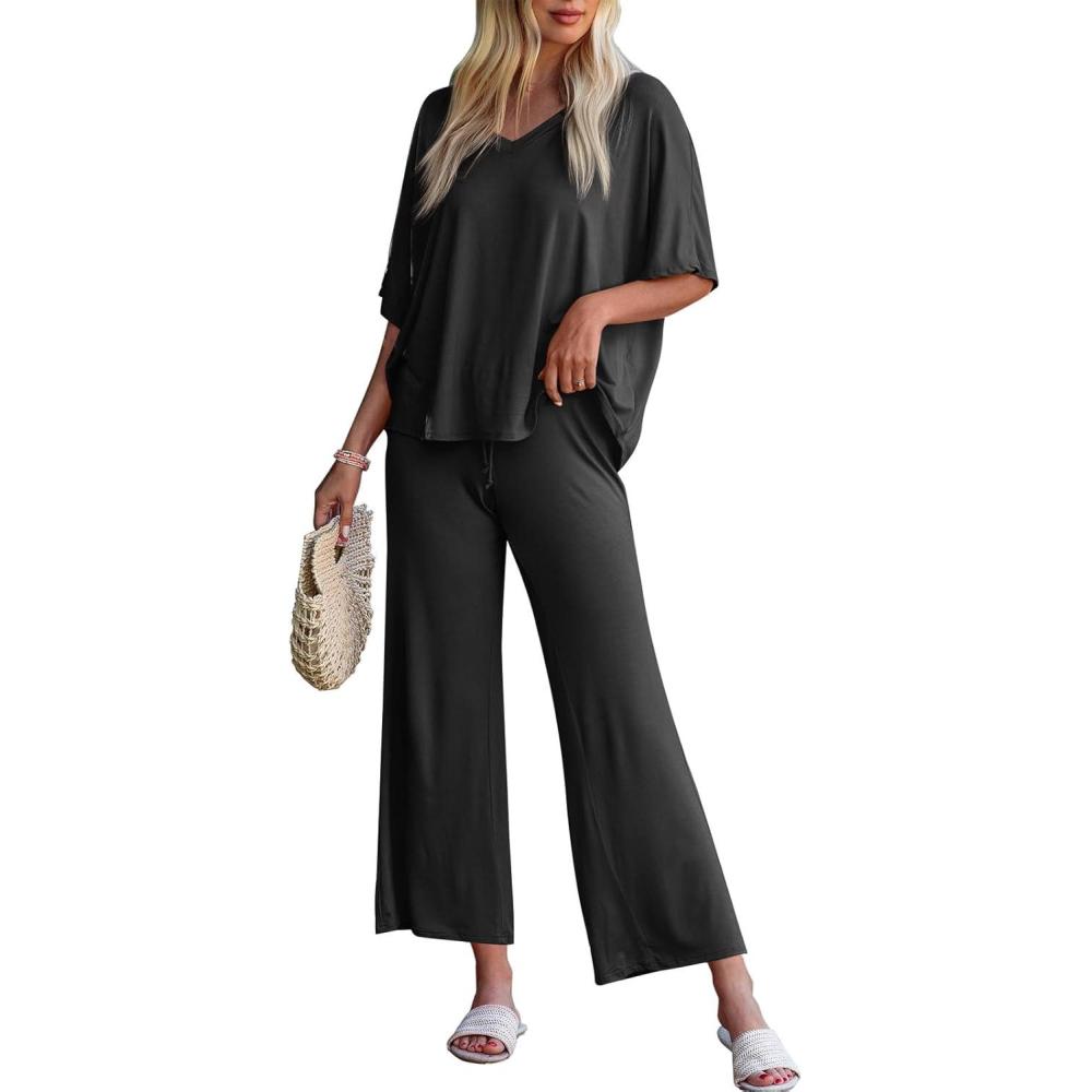 imageTankaneo Womens 2 Piece Outfits Lounge Sets Oversized Short Sleeve V Neck Tshirts Wide Leg Cropped Pants Matching SetBlack