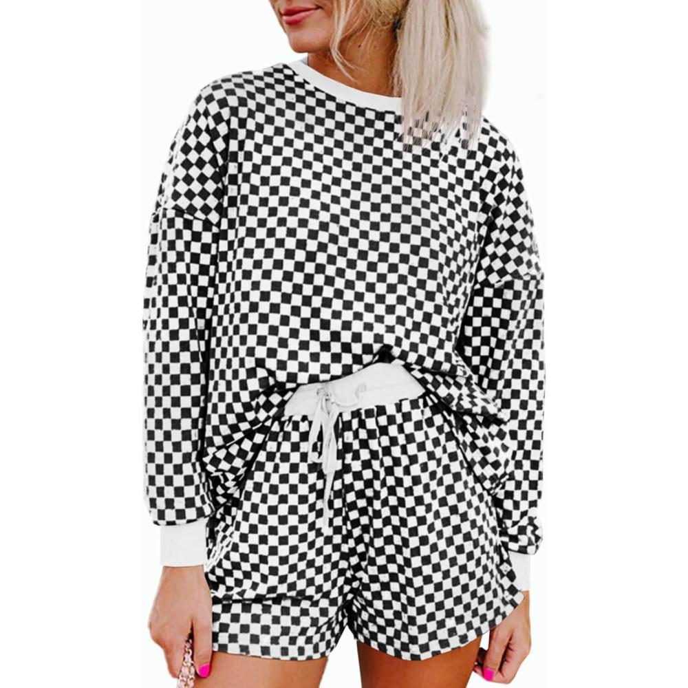 imageTankaneo Womens 2 Piece Outfits Oversized Long Sleeve Checkered Plaid Tops Elastic Waist Shorts 2025 Pajama Sets LoungewearBlack