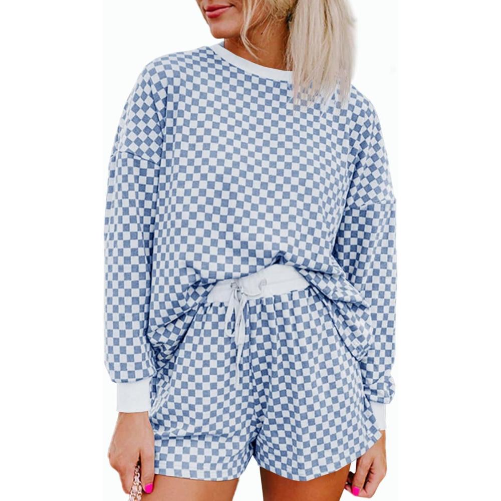 imageTankaneo Womens 2 Piece Outfits Oversized Long Sleeve Checkered Plaid Tops Elastic Waist Shorts 2025 Pajama Sets LoungewearBlue