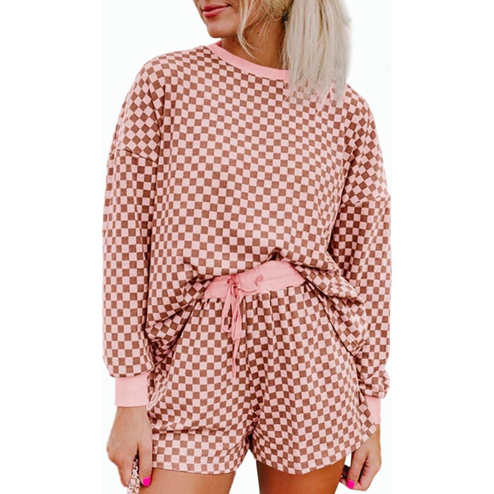imageTankaneo Womens 2 Piece Outfits Oversized Long Sleeve Checkered Plaid Tops Elastic Waist Shorts 2025 Pajama Sets LoungewearBrown