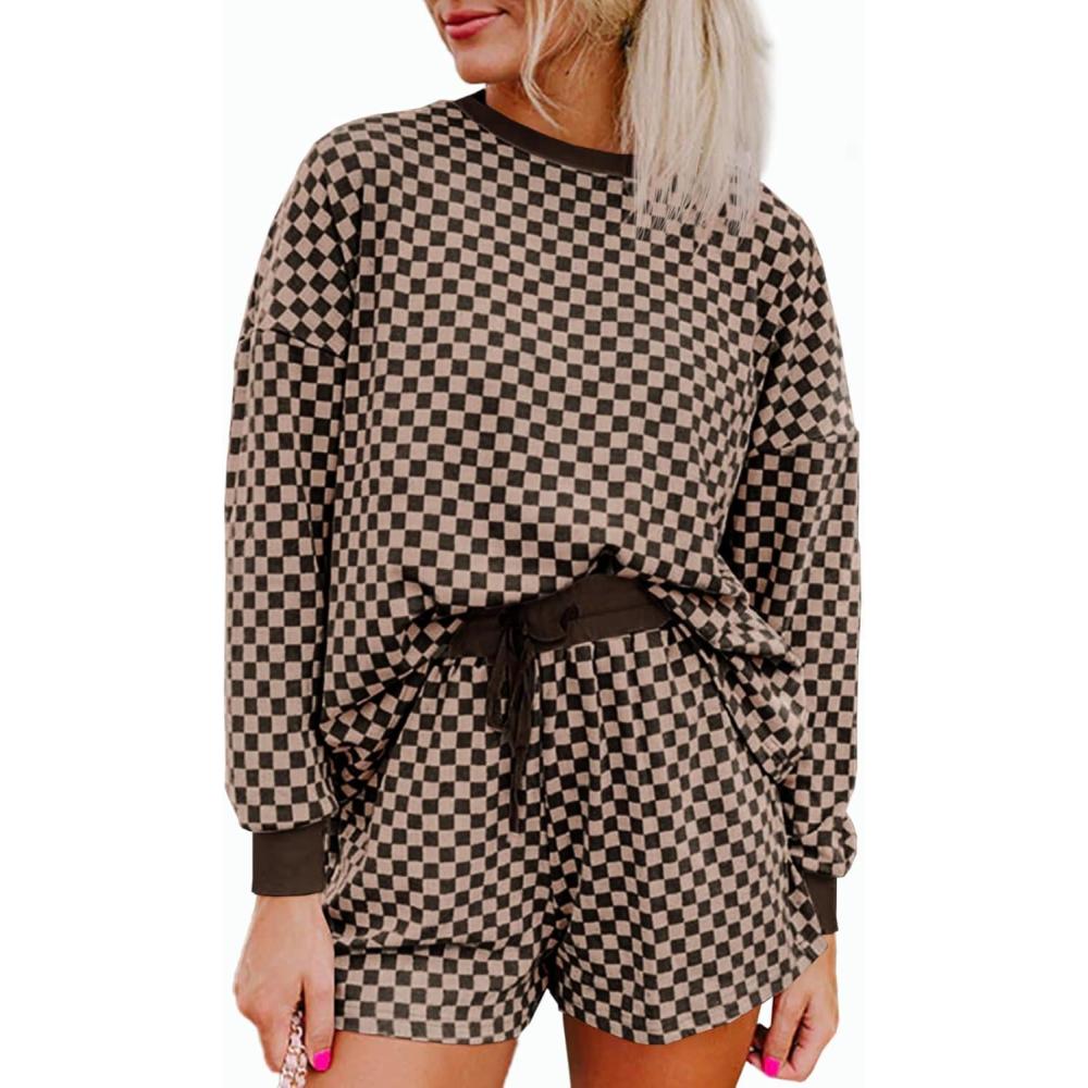 imageTankaneo Womens 2 Piece Outfits Oversized Long Sleeve Checkered Plaid Tops Elastic Waist Shorts 2025 Pajama Sets LoungewearDark Brown