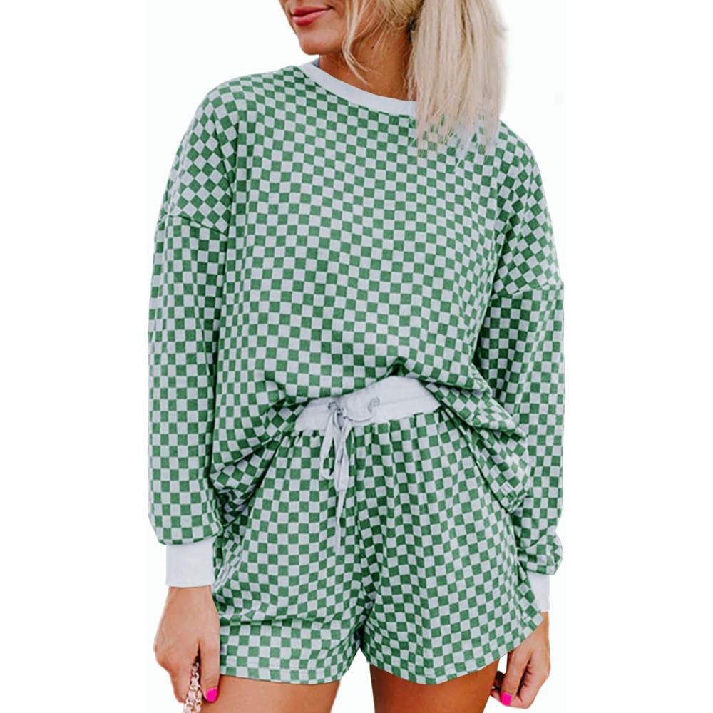 imageTankaneo Womens 2 Piece Outfits Oversized Long Sleeve Checkered Plaid Tops Elastic Waist Shorts 2025 Pajama Sets LoungewearGreen