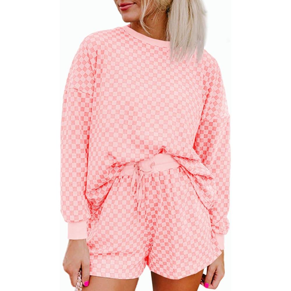 imageTankaneo Womens 2 Piece Outfits Oversized Long Sleeve Checkered Plaid Tops Elastic Waist Shorts 2025 Pajama Sets LoungewearPink
