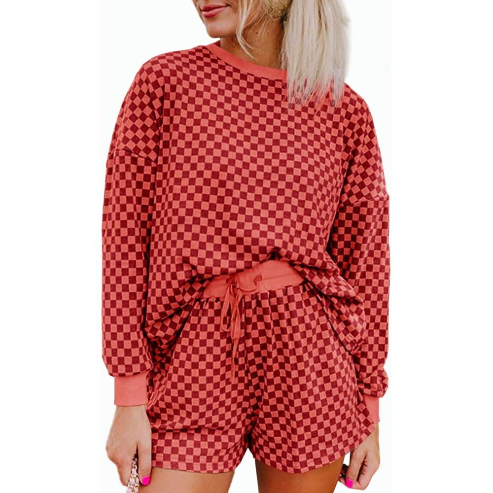 imageTankaneo Womens 2 Piece Outfits Oversized Long Sleeve Checkered Plaid Tops Elastic Waist Shorts 2025 Pajama Sets LoungewearRed