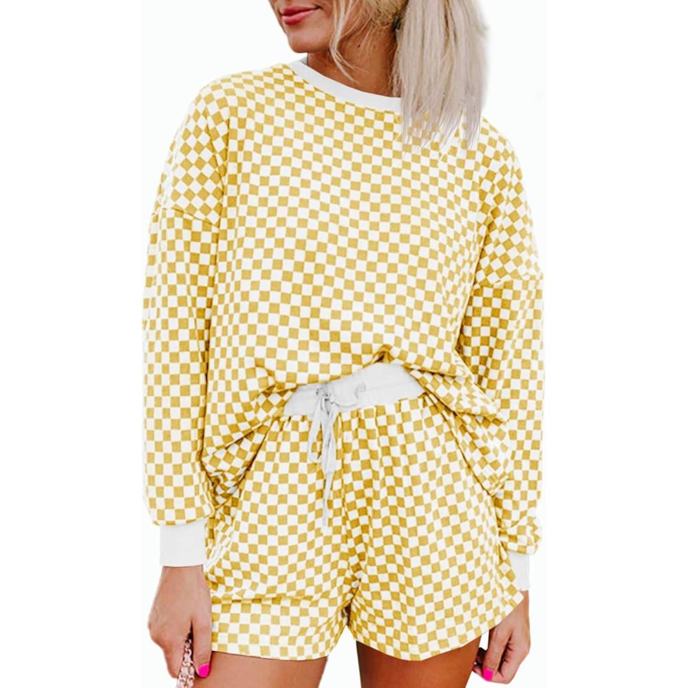imageTankaneo Womens 2 Piece Outfits Oversized Long Sleeve Checkered Plaid Tops Elastic Waist Shorts 2025 Pajama Sets LoungewearYellow