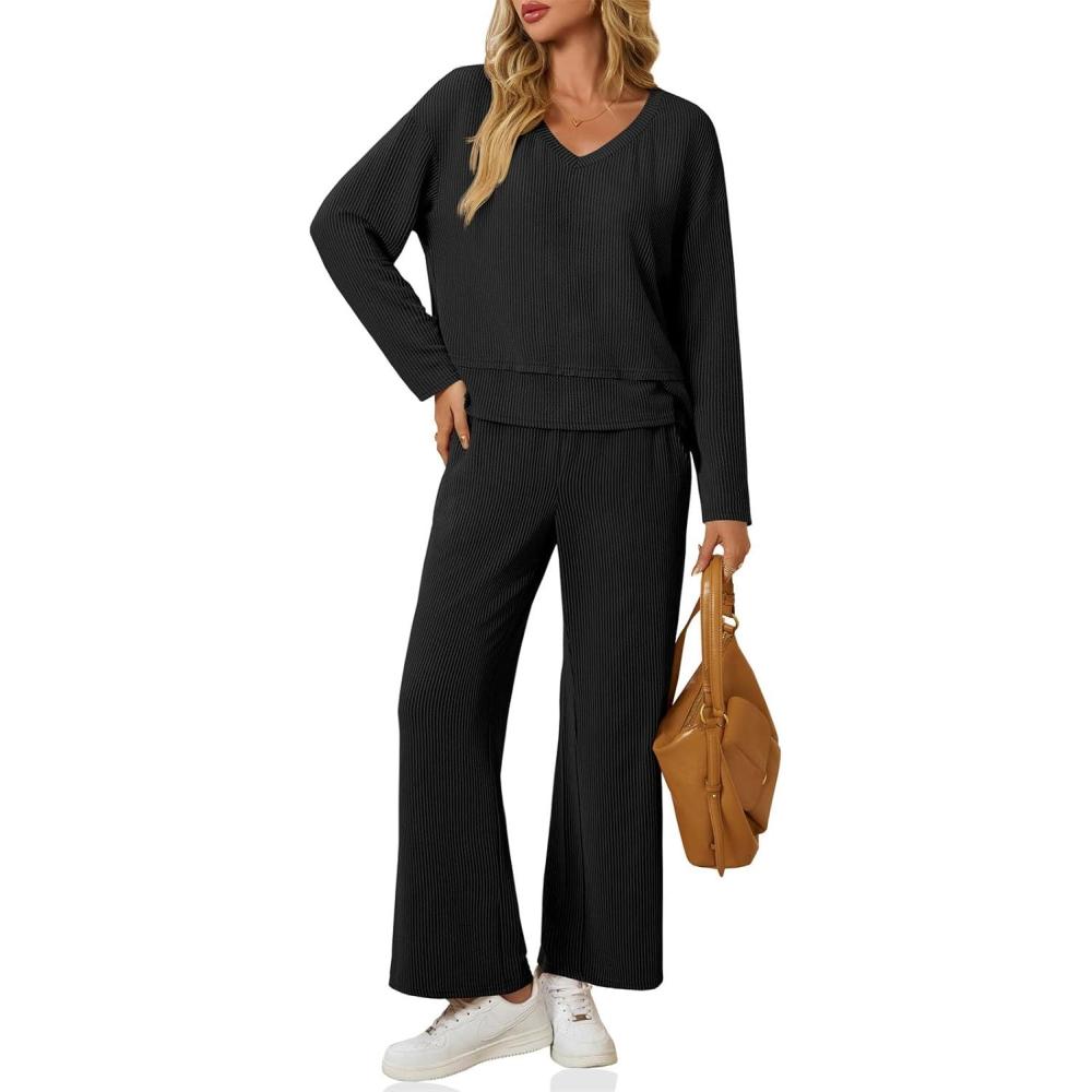 imageTankaneo Womens 2 Piece Outfits Ribbed Pajama Sets V Neck Long Sleeve Loose Fit Tops Wide Leg Pants Sleepwear PJ SetBlack