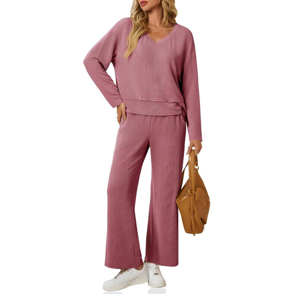 imageTankaneo Womens 2 Piece Outfits Ribbed Pajama Sets V Neck Long Sleeve Loose Fit Tops Wide Leg Pants Sleepwear PJ SetBurgundy