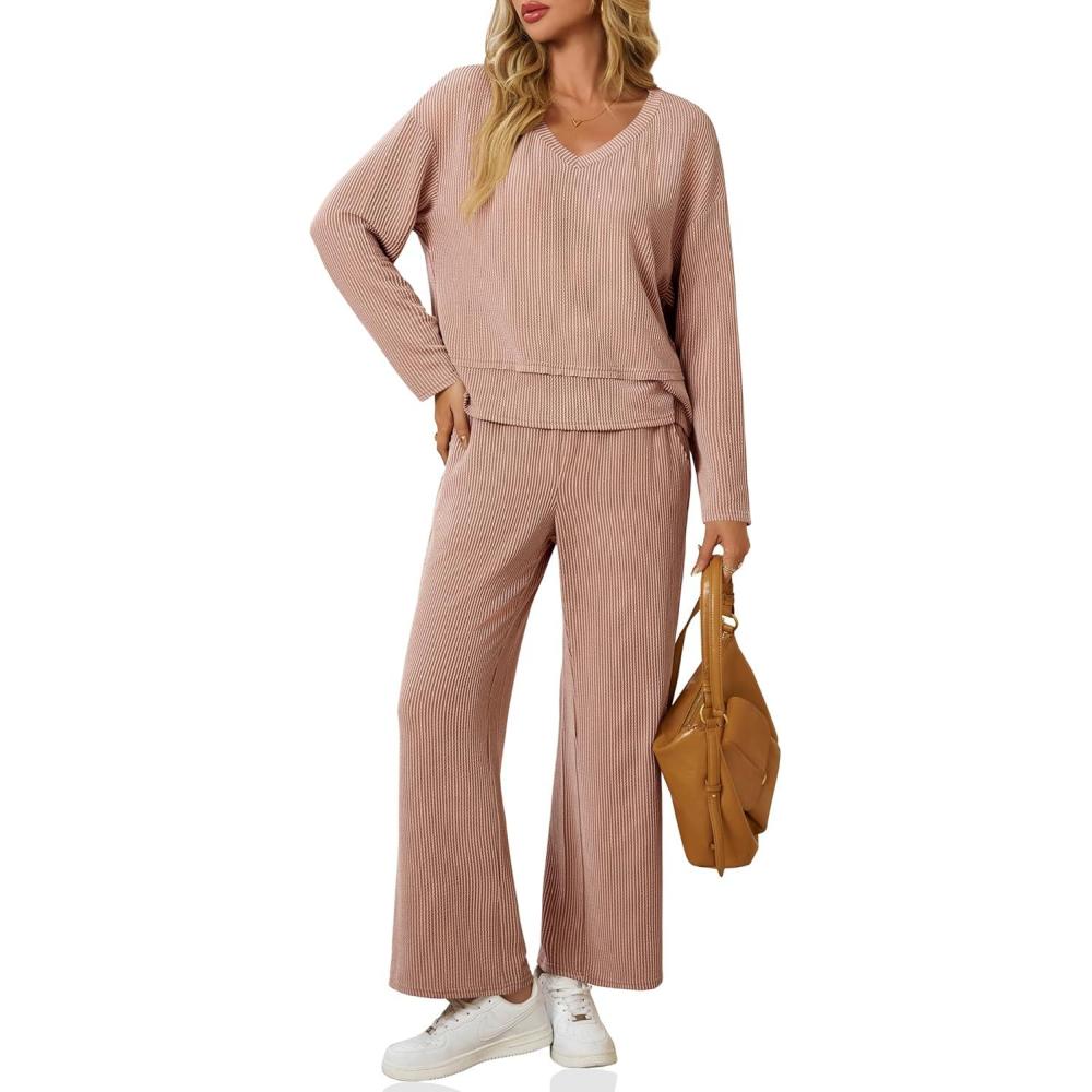imageTankaneo Womens 2 Piece Outfits Ribbed Pajama Sets V Neck Long Sleeve Loose Fit Tops Wide Leg Pants Sleepwear PJ SetKhaki