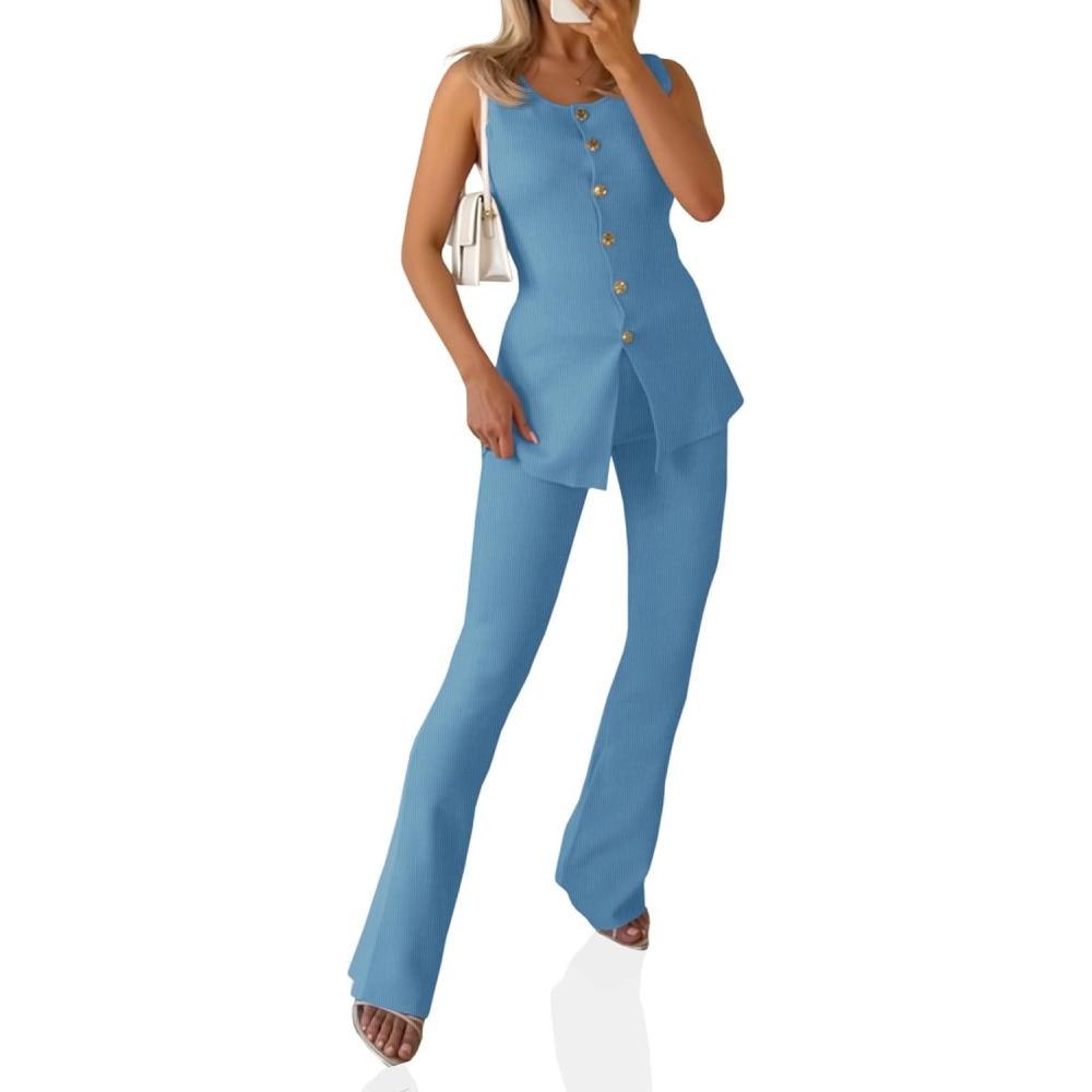 imageTankaneo Womens 2 Piece Outfits Sleeveless Sweater Set Button Down Vest Tops and Pants Knitted Lounge Matching SetsBlue