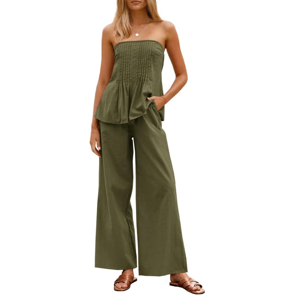 imageTankaneo Womens 2 Piece Outfits Summer Strapless Tube Tops Wide Leg Pants Cotton Vacation Pleated Matching Lounge SetArmy Green