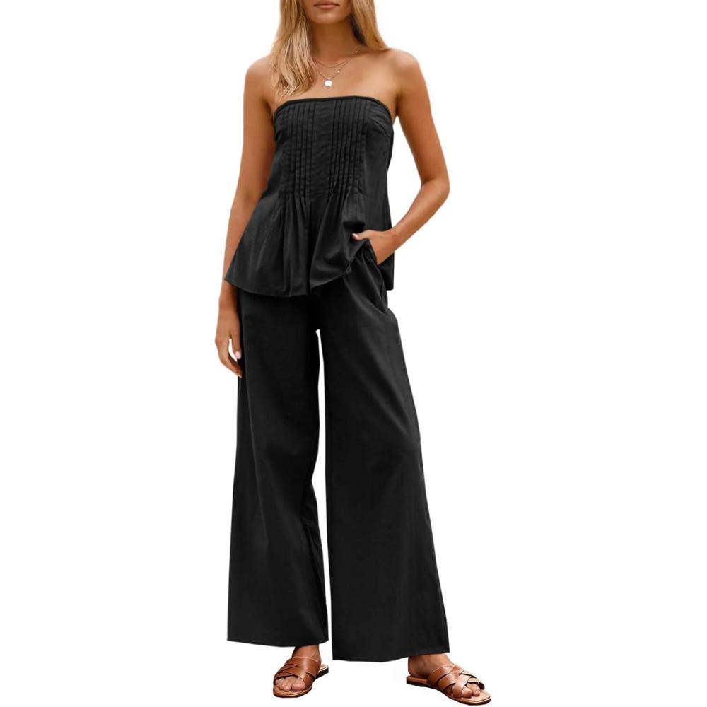 imageTankaneo Womens 2 Piece Outfits Summer Strapless Tube Tops Wide Leg Pants Cotton Vacation Pleated Matching Lounge SetBlack