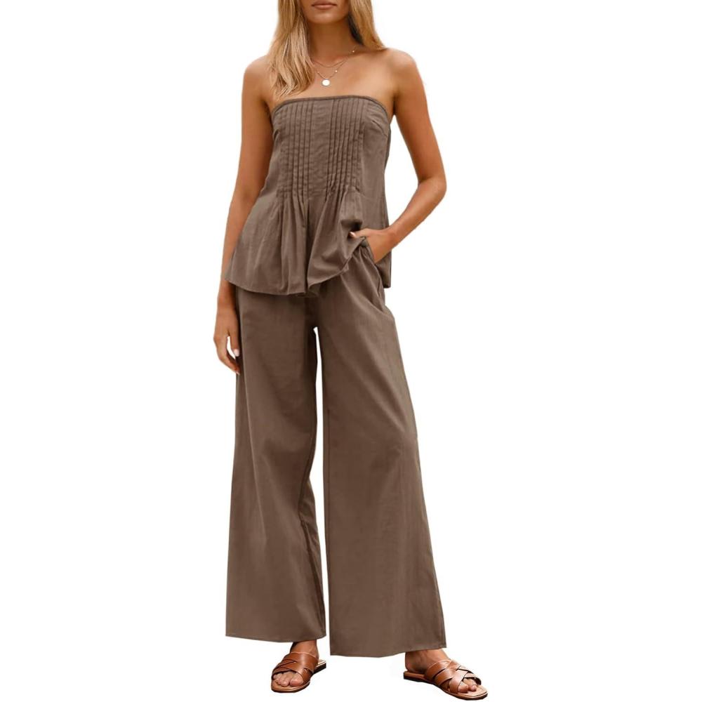 imageTankaneo Womens 2 Piece Outfits Summer Strapless Tube Tops Wide Leg Pants Cotton Vacation Pleated Matching Lounge SetBrown
