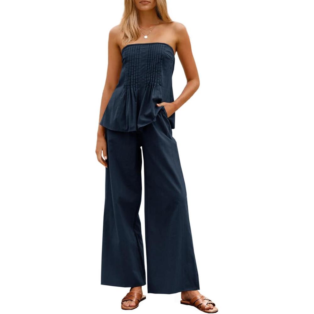 imageTankaneo Womens 2 Piece Outfits Summer Strapless Tube Tops Wide Leg Pants Cotton Vacation Pleated Matching Lounge SetNavy