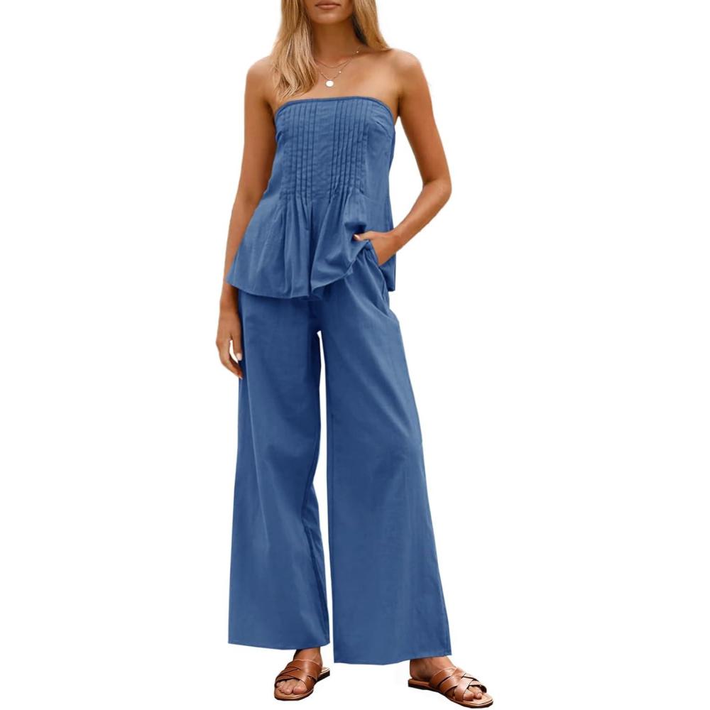 imageTankaneo Womens 2 Piece Outfits Summer Strapless Tube Tops Wide Leg Pants Cotton Vacation Pleated Matching Lounge SetRoyal Blue