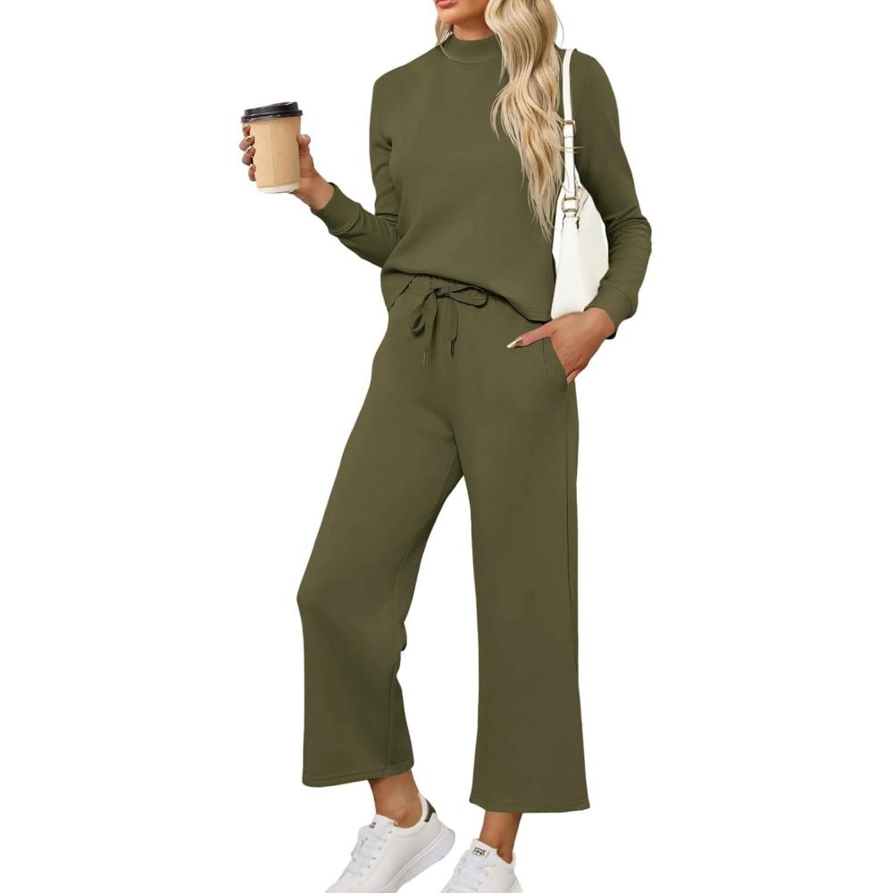 imageTankaneo Womens 2 Piece Sets Mock Neck Long Sleeve Tops Wide Leg Pants Lounge Set Vacation Travel Fall Outfits TracksuitArmy Green