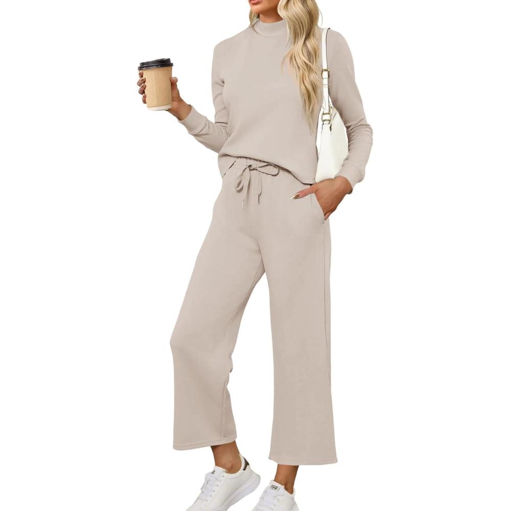 imageTankaneo Womens 2 Piece Sets Mock Neck Long Sleeve Tops Wide Leg Pants Lounge Set Vacation Travel Fall Outfits TracksuitBeige