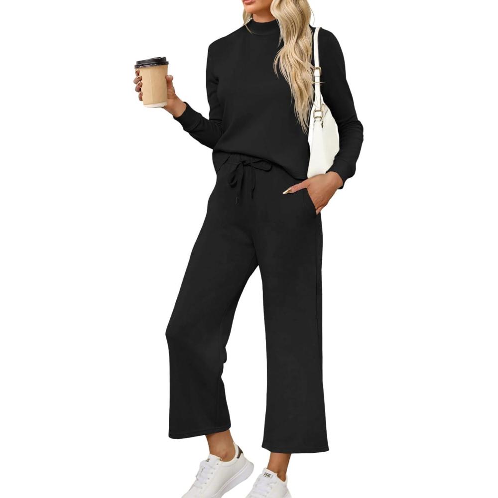 imageTankaneo Womens 2 Piece Sets Mock Neck Long Sleeve Tops Wide Leg Pants Lounge Set Vacation Travel Fall Outfits TracksuitBlack
